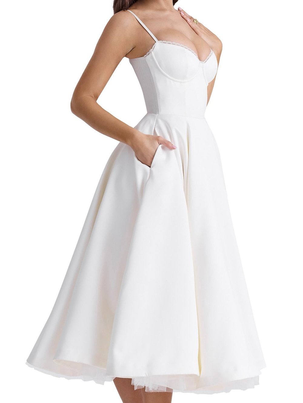 Mademoiselle Bustier Stretch Satin Midi Cocktail Dress